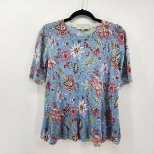 LOFT Floral‎ Print Short Sleeve Top Lightweight Knit Blue Pink Medium